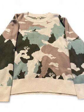 Women’s L.L. Bean Cotton Cashmere Sweater Jacquard Camo Moose Landscape Size S